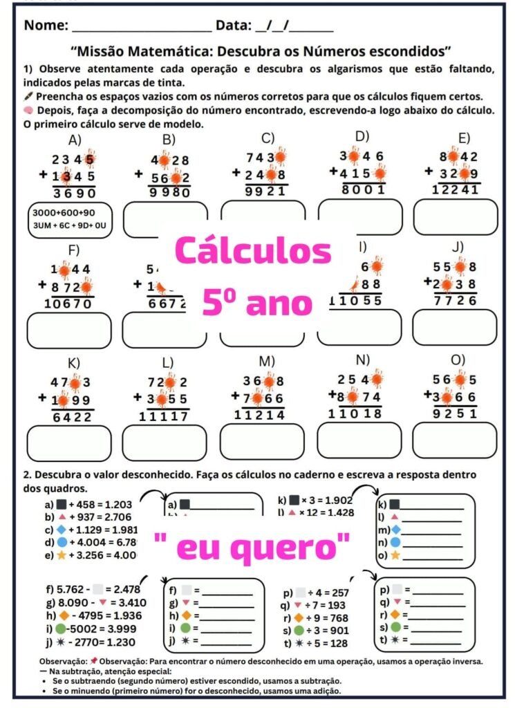 Cálculos de 5º ano - Atividades Danusa