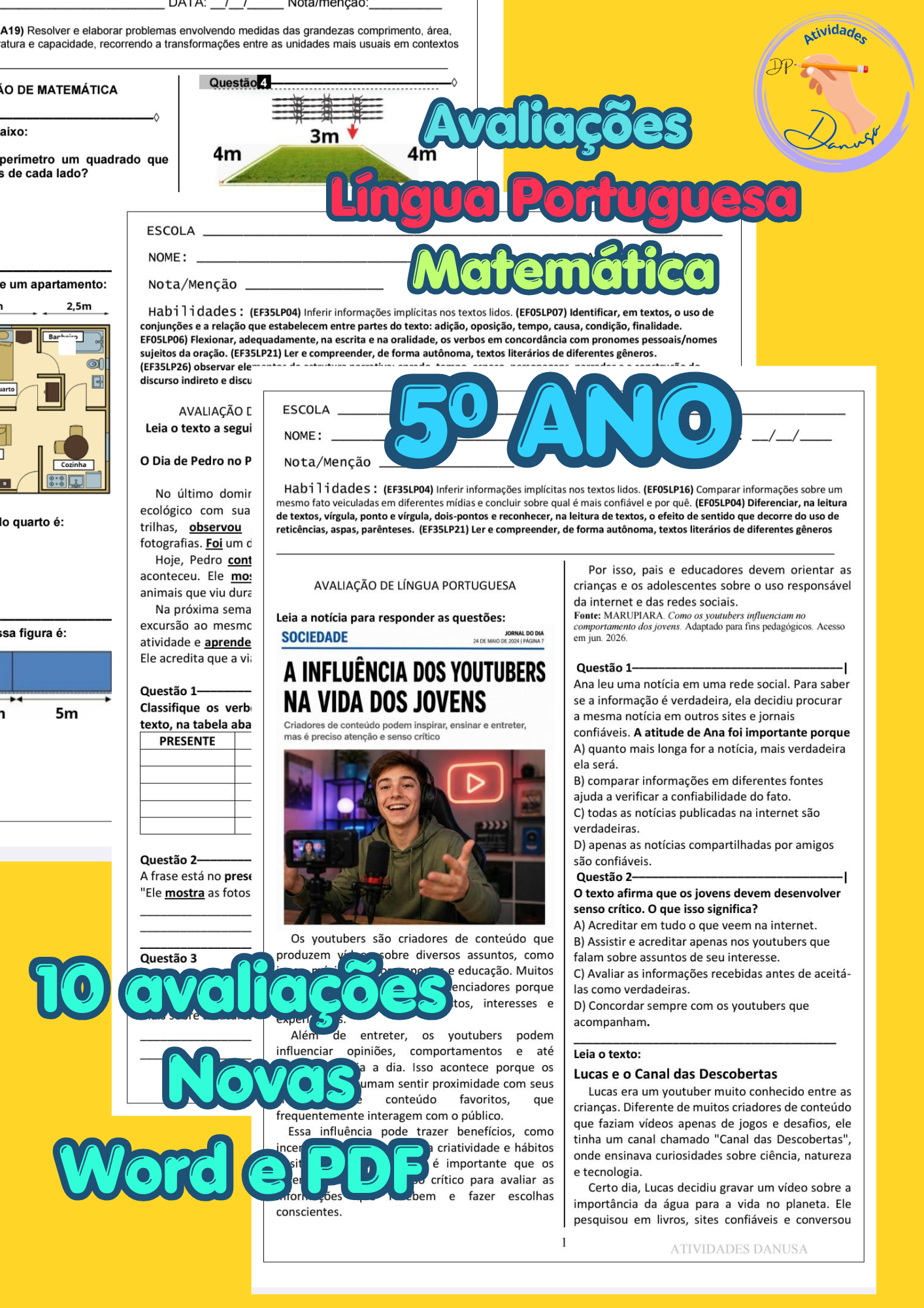 AVALIAÇÕES DE 5º ANO - LÍNGUA PORTUGUESA E MATEMÁTICA